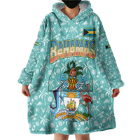 Bahamas Christmas Wearable Blanket Hoodie with Teal Palm Pattern Carnival Santa and National Emblem Motif - Wonder Print Shop