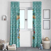 Bahamas Christmas Window Curtain with Teal Palm Pattern Carnival Santa and National Emblem Motif - Wonder Print Shop