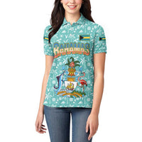 Bahamas Christmas Women Polo Shirt with Teal Palm Pattern Carnival Santa and National Emblem Motif - Wonder Print Shop
