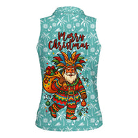 Bahamas Christmas Women Sleeveless Polo Shirt with Teal Palm Pattern Carnival Santa and National Emblem Motif - Wonder Print Shop