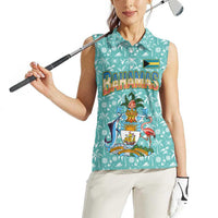 Bahamas Christmas Women Sleeveless Polo Shirt with Teal Palm Pattern Carnival Santa and National Emblem Motif - Wonder Print Shop