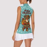 Bahamas Christmas Women Sleeveless Polo Shirt with Teal Palm Pattern Carnival Santa and National Emblem Motif - Wonder Print Shop