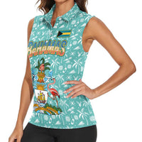 Bahamas Christmas Women Sleeveless Polo Shirt with Teal Palm Pattern Carnival Santa and National Emblem Motif - Wonder Print Shop