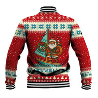 Bahamas Christmas Baseball Jacket with Red Festive Pattern Sailing Santa and National Flag Motif - Wonder Print Shop