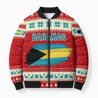 Bahamas Christmas Bomber Puffer Jacket with Red Festive Pattern Sailing Santa and National Flag Motif - Wonder Print Shop