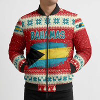 Bahamas Christmas Bomber Puffer Jacket with Red Festive Pattern Sailing Santa and National Flag Motif - Wonder Print Shop