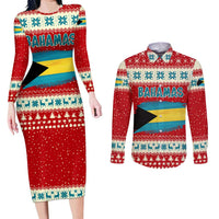 Bahamas Christmas Couples Matching Long Sleeve Bodycon Dress and Long Sleeve Button Shirt with Red Festive Pattern Sailing Santa and National Flag Motif - Wonder Print Shop