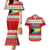 Bahamas Christmas Couples Matching Mermaid Dress and Hawaiian Shirt with Red Festive Pattern Sailing Santa and National Flag Motif - Wonder Print Shop