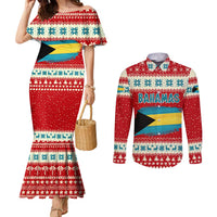 Bahamas Christmas Couples Matching Mermaid Dress and Long Sleeve Button Shirt with Red Festive Pattern Sailing Santa and National Flag Motif - Wonder Print Shop