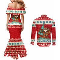 Bahamas Christmas Couples Matching Mermaid Dress and Long Sleeve Button Shirt with Red Festive Pattern Sailing Santa and National Flag Motif - Wonder Print Shop