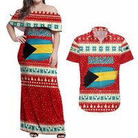 Bahamas Christmas Couples Matching Off Shoulder Maxi Dress and Hawaiian Shirt with Red Festive Pattern Sailing Santa and National Flag Motif - Wonder Print Shop