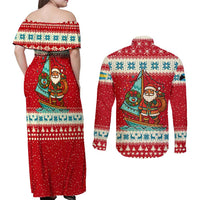 Bahamas Christmas Couples Matching Off Shoulder Maxi Dress and Long Sleeve Button Shirt with Red Festive Pattern Sailing Santa and National Flag Motif - Wonder Print Shop