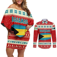 Bahamas Christmas Couples Matching Off Shoulder Short Dress and Long Sleeve Button Shirt with Red Festive Pattern Sailing Santa and National Flag Motif - Wonder Print Shop