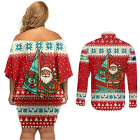 Bahamas Christmas Couples Matching Off Shoulder Short Dress and Long Sleeve Button Shirt with Red Festive Pattern Sailing Santa and National Flag Motif - Wonder Print Shop
