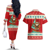 Bahamas Christmas Couples Matching Off The Shoulder Long Sleeve Dress and Hawaiian Shirt with Red Festive Pattern Sailing Santa and National Flag Motif - Wonder Print Shop