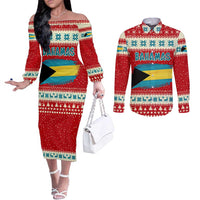 Bahamas Christmas Couples Matching Off The Shoulder Long Sleeve Dress and Long Sleeve Button Shirt with Red Festive Pattern Sailing Santa and National Flag Motif - Wonder Print Shop