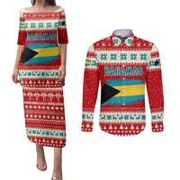 Bahamas Christmas Couples Matching Puletasi and Long Sleeve Button Shirt with Red Festive Pattern Sailing Santa and National Flag Motif - Wonder Print Shop