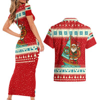 Bahamas Christmas Couples Matching Short Sleeve Bodycon Dress and Hawaiian Shirt with Red Festive Pattern Sailing Santa and National Flag Motif - Wonder Print Shop