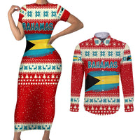 Bahamas Christmas Couples Matching Short Sleeve Bodycon Dress and Long Sleeve Button Shirt with Red Festive Pattern Sailing Santa and National Flag Motif - Wonder Print Shop