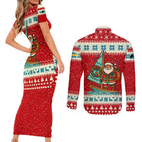Bahamas Christmas Couples Matching Short Sleeve Bodycon Dress and Long Sleeve Button Shirt with Red Festive Pattern Sailing Santa and National Flag Motif - Wonder Print Shop