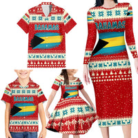 Bahamas Christmas Family Matching Long Sleeve Bodycon Dress and Hawaiian Shirt with Red Festive Pattern Sailing Santa and National Flag Motif - Wonder Print Shop
