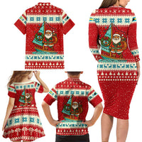 Bahamas Christmas Family Matching Long Sleeve Bodycon Dress and Hawaiian Shirt with Red Festive Pattern Sailing Santa and National Flag Motif - Wonder Print Shop
