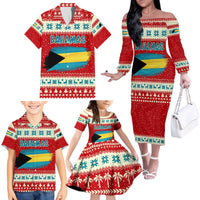 Bahamas Christmas Family Matching Off The Shoulder Long Sleeve Dress and Hawaiian Shirt with Red Festive Pattern Sailing Santa and National Flag Motif - Wonder Print Shop