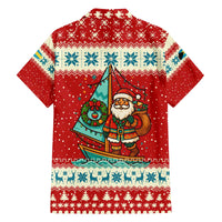 Bahamas Christmas Family Matching Off The Shoulder Long Sleeve Dress and Hawaiian Shirt with Red Festive Pattern Sailing Santa and National Flag Motif - Wonder Print Shop