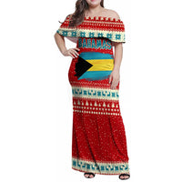 Bahamas Christmas Family Matching Off Shoulder Maxi Dress and Hawaiian Shirt with Red Festive Pattern Sailing Santa and National Flag Motif - Wonder Print Shop