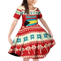 Bahamas Christmas Family Matching Off Shoulder Short Dress and Hawaiian Shirt with Red Festive Pattern Sailing Santa and National Flag Motif - Wonder Print Shop