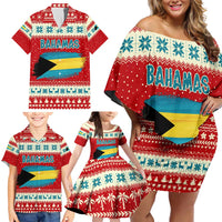 Bahamas Christmas Family Matching Off Shoulder Short Dress and Hawaiian Shirt with Red Festive Pattern Sailing Santa and National Flag Motif - Wonder Print Shop