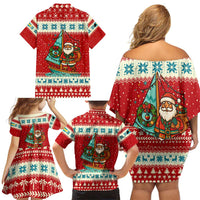 Bahamas Christmas Family Matching Off Shoulder Short Dress and Hawaiian Shirt with Red Festive Pattern Sailing Santa and National Flag Motif - Wonder Print Shop