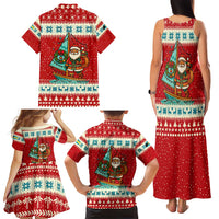 Bahamas Christmas Family Matching Tank Maxi Dress and Hawaiian Shirt with Red Festive Pattern Sailing Santa and National Flag Motif - Wonder Print Shop