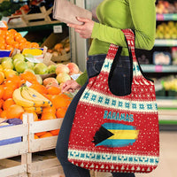 Bahamas Christmas Grocery Bag with Red Festive Pattern Sailing Santa and National Flag Motif - Wonder Print Shop