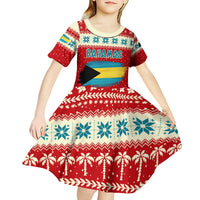 Bahamas Christmas Kid Short Sleeve Dress with Red Festive Pattern Sailing Santa and National Flag Motif - Wonder Print Shop
