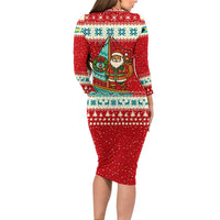Bahamas Christmas Long Sleeve Bodycon Dress with Red Festive Pattern Sailing Santa and National Flag Motif - Wonder Print Shop