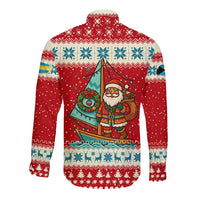 Bahamas Christmas Long Sleeve Button Shirt with Red Festive Pattern Sailing Santa and National Flag Motif - Wonder Print Shop