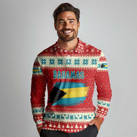 Bahamas Christmas Long Sleeve Polo Shirt with Red Festive Pattern Sailing Santa and National Flag Motif - Wonder Print Shop