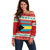 Bahamas Christmas Off Shoulder Sweater with Red Festive Pattern Sailing Santa and National Flag Motif - Wonder Print Shop