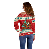 Bahamas Christmas Off Shoulder Sweater with Red Festive Pattern Sailing Santa and National Flag Motif - Wonder Print Shop