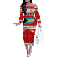 Bahamas Christmas Off The Shoulder Long Sleeve Dress with Red Festive Pattern Sailing Santa and National Flag Motif - Wonder Print Shop