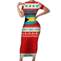 Bahamas Christmas Short Sleeve Bodycon Dress with Red Festive Pattern Sailing Santa and National Flag Motif - Wonder Print Shop