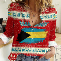 Bahamas Christmas Women Casual Shirt with Red Festive Pattern Sailing Santa and National Flag Motif - Wonder Print Shop