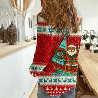 Bahamas Christmas Women Casual Shirt with Red Festive Pattern Sailing Santa and National Flag Motif - Wonder Print Shop