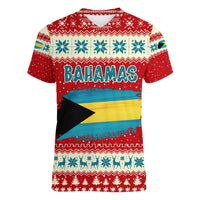 Bahamas Christmas Women V-Neck T-Shirt with Red Festive Pattern Sailing Santa and National Flag Motif - Wonder Print Shop