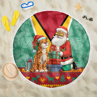 Guyana Christmas Santa Leopard Beach Blanket with Green Red Yellow Gift and Map - Wonder Print Shop