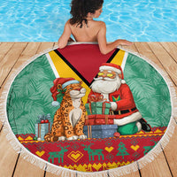 Guyana Christmas Santa Leopard Beach Blanket with Green Red Yellow Gift and Map - Wonder Print Shop