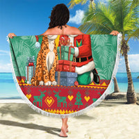 Guyana Christmas Santa Leopard Beach Blanket with Green Red Yellow Gift and Map - Wonder Print Shop