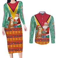 Guyana Christmas Santa Leopard Couples Matching Long Sleeve Bodycon Dress and Long Sleeve Button Shirt with Green Red Yellow Gift and Map - Wonder Print Shop