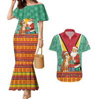 Guyana Christmas Santa Leopard Couples Matching Mermaid Dress and Hawaiian Shirt with Green Red Yellow Gift and Map - Wonder Print Shop